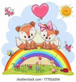 Two Cute Cartoon Foxes are sitting on the rainbow