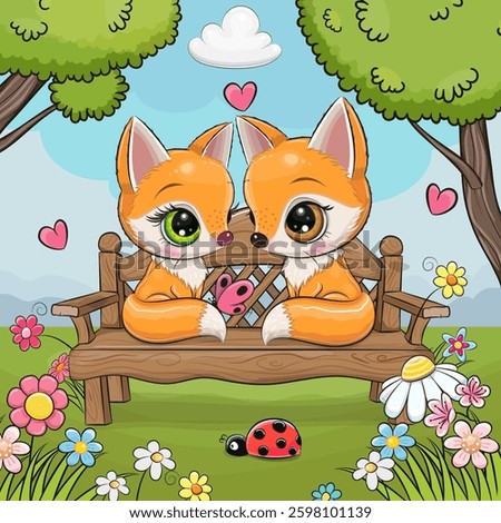 Two cute Cartoon Foxes sitting on the bench