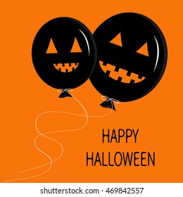 Two cute cartoon funny black balloon pumpkin with scary smile, eyes and teeth. Thread bow. Halloween card for kids. Flat design. Orange background. Vector illustration