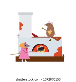 Two cute cartoon funny fairytale mice live in a Russian hut
