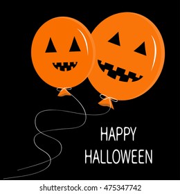 Two cute cartoon funny orange balloon pumpkin with scary smile, eyes and teeth. Thread bow. Halloween card for kids. Flat design. Black background. Vector illustration