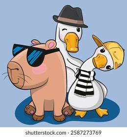 Two Cute cartoon Geese and Capybara with accessories on a blue background