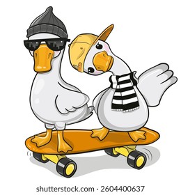 Two Cute cartoon Geese on the skateboard