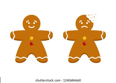 Two cute cartoon gingerbread men, christmas traditional cookies, biscuits, whole and with teeth bite mark.