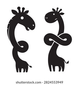 Two cute cartoon giraffes with long necks tied in knots black and white vector design Vector