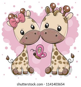 Two cute Cartoon Giraffes on a heart background