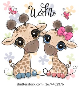 Two Cute Cartoon Giraffes on a flowers background