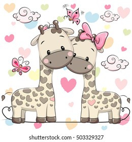 Two cute cartoon giraffes on a hearts background