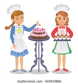 Two cute cartoon girl with pastry. Girl decorates a cake with cherries. Girl holding cupcakes. Vector illustration