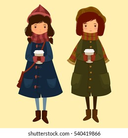 Two cute cartoon girl in winter clothes. The scarves, hats and mittens. In their hands cups of coffee. Vector illustration. Characters. Children.