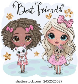 Two cute cartoon girls with cat and dog Handdrawn