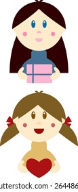 Two cute cartoon girls holding a heart / a gift package in their hands, perfect for special occasions and holidays (vector)