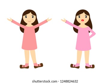 two cute cartoon girls on little kids fashion clothes dress. vector illustration.  