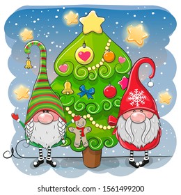 Two cute cartoon gnomes and Christmas tree