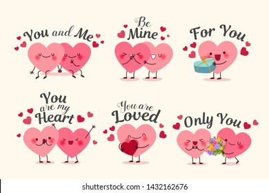 two cute cartoon happy hearts in love on yellow background