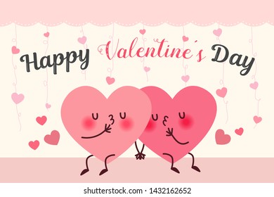 two cute cartoon hearts sit together and holding hands with love for valentines day card design