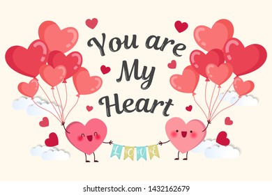two cute cartoon hearts take balloons fly in the sky with love on yellow background