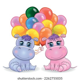 Two Cute cartoon hippo with beautiful eyes with balloons, a boy and a girl. greeting card, baby shower invitation card