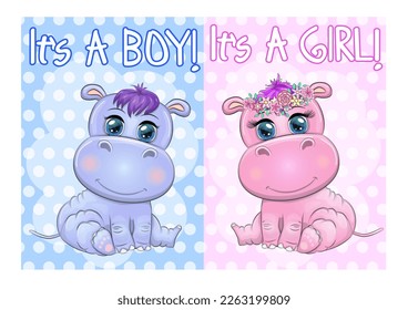Two Cute cartoon hippo with beautiful eyes with balloons, a boy and a girl. greeting card, baby shower invitation card