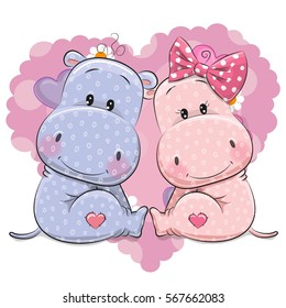 Two Cute Cartoon Hippos on a background of heart