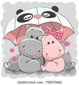 Two Cute Cartoon Hippos with umbrella under the rain