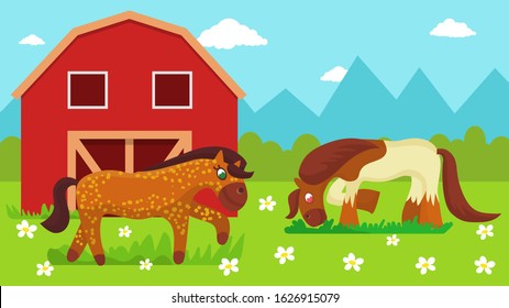 Two cute cartoon horses walking outdoor farm and eating grass on farm pasture meadow with flowers near stable horse vector illustration flat style. Horse breeding animal husbandry.
