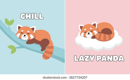 Two cute cartoon illustrations of a red panda showing one sleeping on a tree branch and another resting on a white cloud.