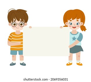 Two cute cartoon kid holding empty banner. Friendly boy and girl show blank paper placard.