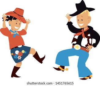 Two cute cartoon kids dancing western country style, EPS 8 vector illustration