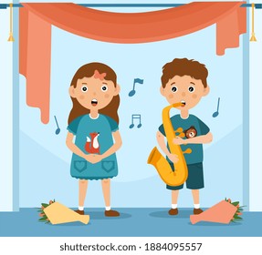 Two cute cartoon kids having a music lesson with a young girl singing accompanied by a boy playing a saxophone, colored vector illustration