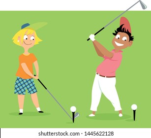 Two cute cartoon kids playing golf, EPS 8 vector illustration