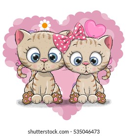 Two Cute Cartoon Kitten on a background of heart