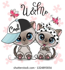 Two Cute Cartoon Kittens boy and girl with cap and bow