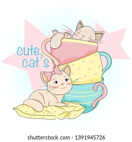 two cute cartoon kittens in cups - Vector