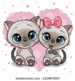 Two cute Cartoon Kittens on a heart background