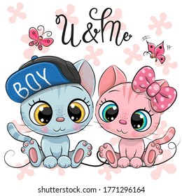 Two Cute Cartoon Kittens on a flowers background