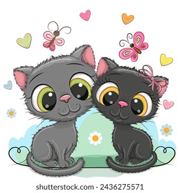 Two Cute Cartoon Kittens on a flowers background