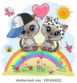 Two Cute Cartoon Kittens are sitting on the rainbow