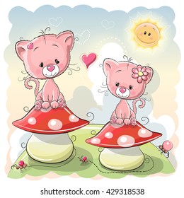 Two Cute Cartoon kittens are sitting on mushrooms