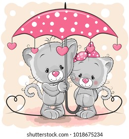 Two Cute Cartoon Kittens with umbrella under the rain