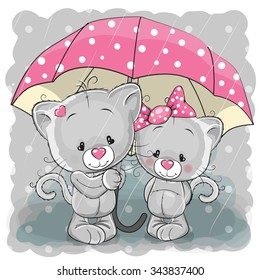 Two cute cartoon kittens with umbrella under the rain
