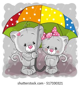 Two cute cartoon kittens with umbrella under the rain