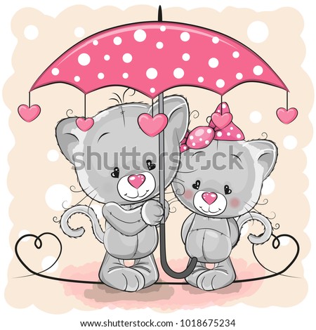Two Cute Cartoon Kittens with umbrella under the rain