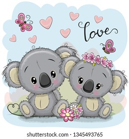 Two cute Cartoon Koalas on a blue background