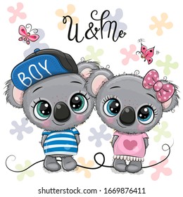 Two Cute Cartoon koalas on a flowers background