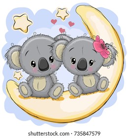 Two Cute Cartoon Koalas is sitting on the moon