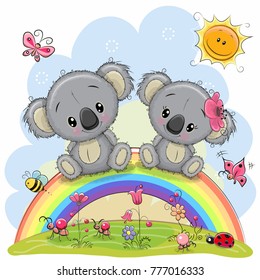 Two Cute Cartoon Koalas are sitting on the rainbow