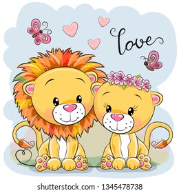 Two cute Cartoon Lions on a blue background