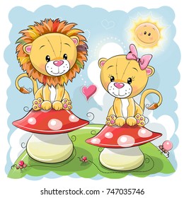 Two Cute Cartoon lions are sitting on mushrooms