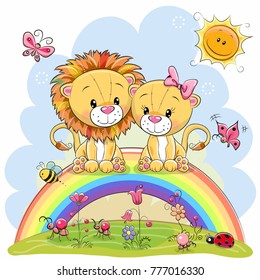 Two Cute Cartoon Lions are sitting on the rainbow